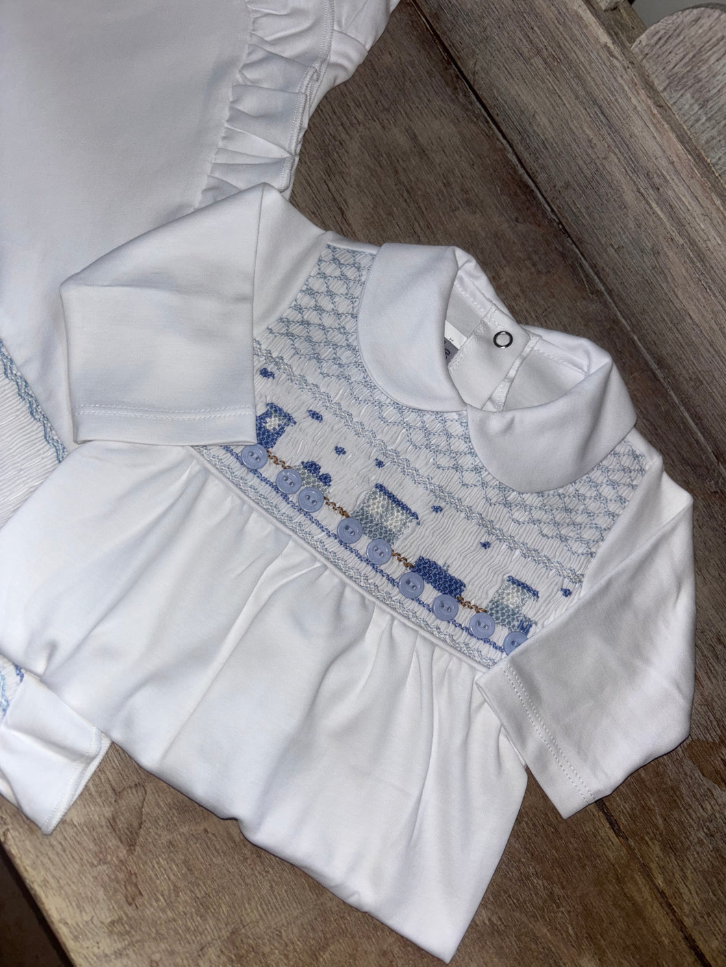 White blue train Babygrow
