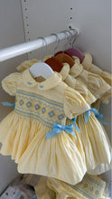 Load image into Gallery viewer, Lemon with blue smocking &amp; bows dress
