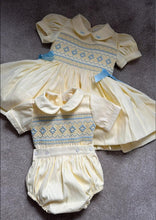 Load image into Gallery viewer, Lemon with blue smocking &amp; bows dress
