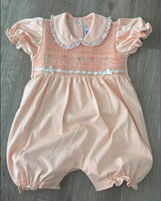 Load image into Gallery viewer, Peach with cream bows Pima romper
