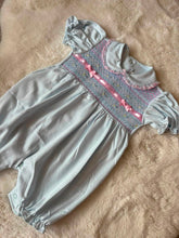 Load image into Gallery viewer, Blue with pink ribbon Pima romper
