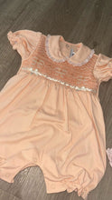 Load image into Gallery viewer, Peach with cream bows Pima romper
