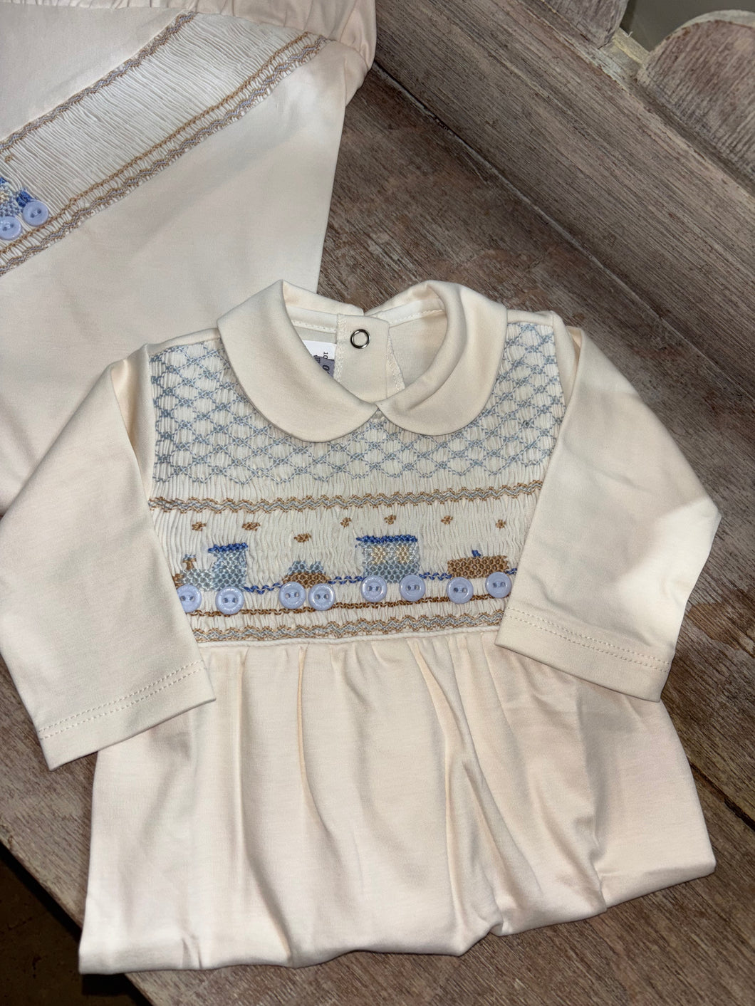 Cream blue tan train Babygrow