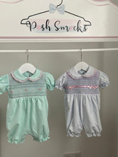 Load image into Gallery viewer, Blue with pink ribbon Pima romper
