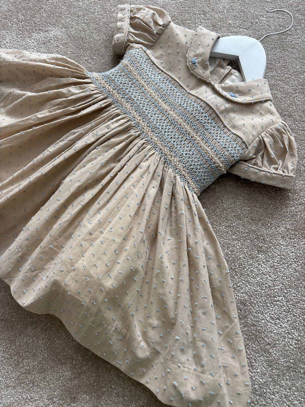 Tan & blue pearl dress